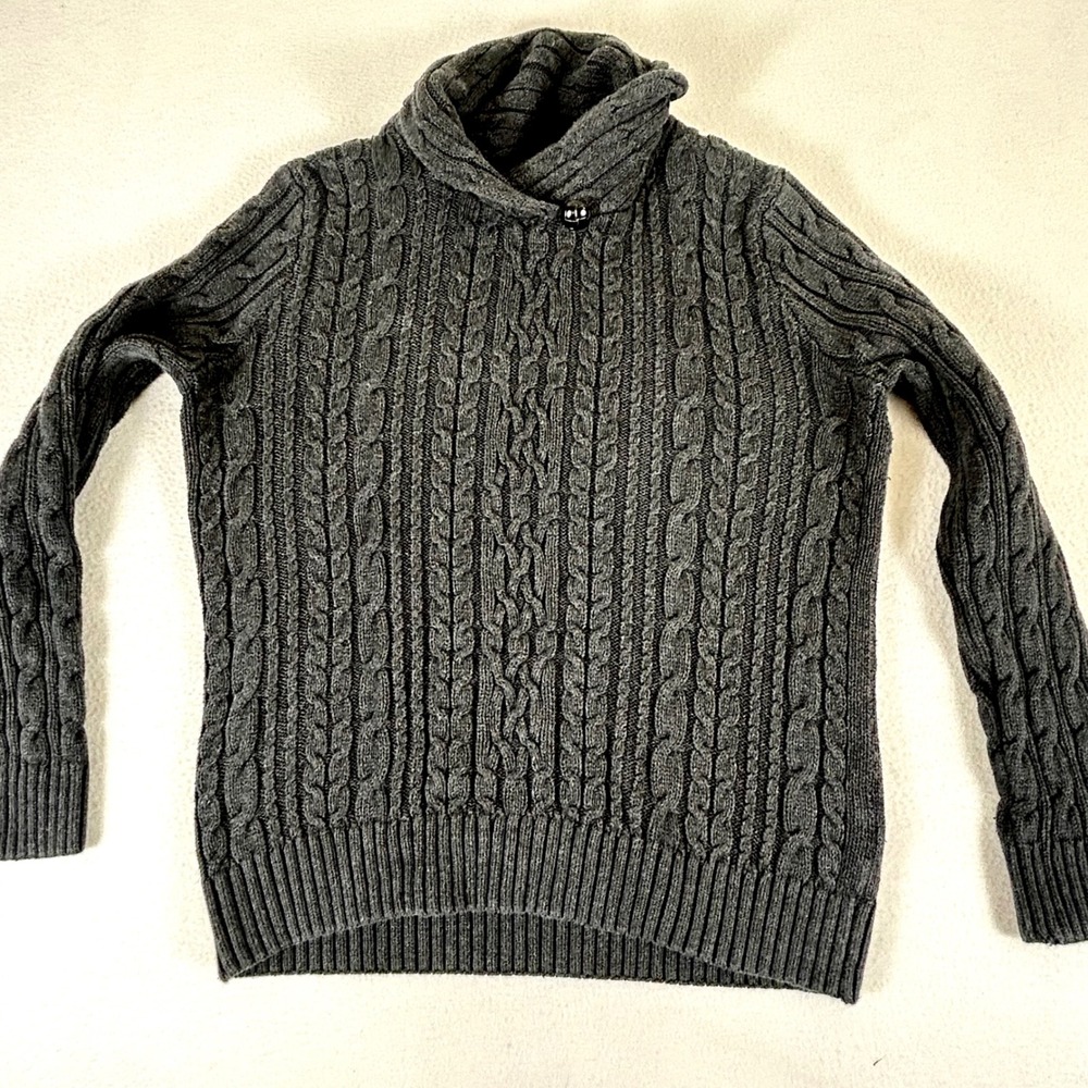Jeanne Pierre Womens Charcoal Gray 100% Cotton Cable Knit Shawl Collar Sweater M
